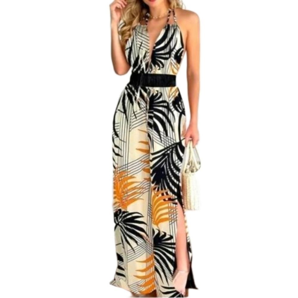 Ladies Backless Boho Floral Halter jumpsuit sz XXL